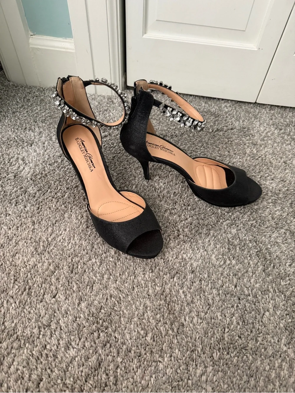 Badgley Mischka Black Crystal-Ankle Open-Toe Heels
